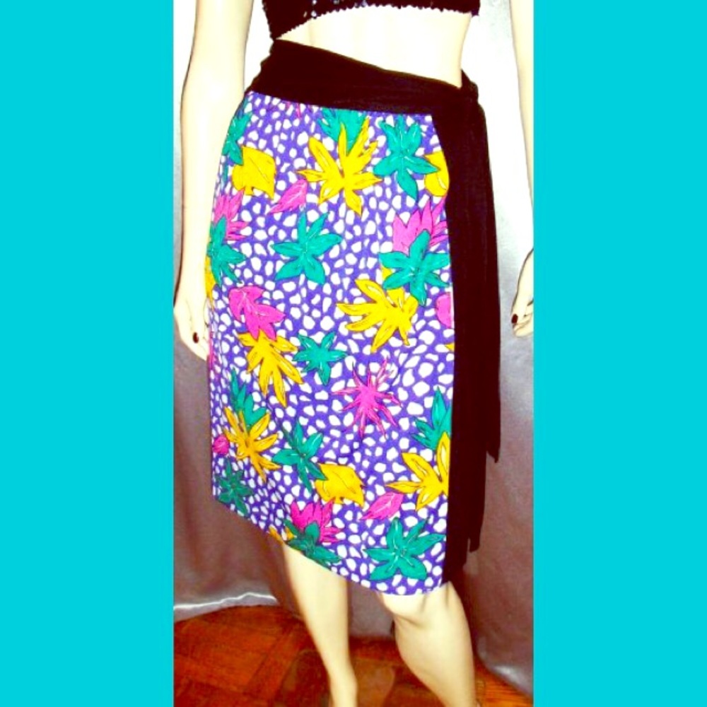 Vintage OP ART NEON Floral Polyester DISCO Wrap Skirt